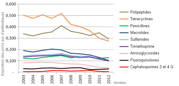 Evolución del consumo de antibióticos en porcino entre 2003 y 2012 en Francia