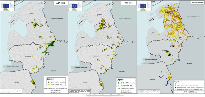 Graphiques 4,5 et 6 : Evolution des foyers de Peste Porcine Africaine de 2014 &agrave; ce jour. (Source : Commission Europ&eacute;enne)
