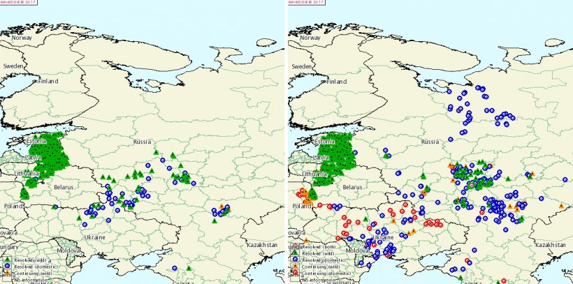 Foyers de PPA en Russie et Ukraine en 2015 et 2016 1
