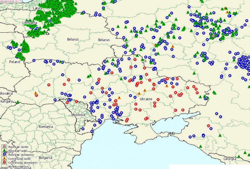 Zones touch&eacute;es par la PPA depuis 2014. Lviv est l&#39;unique oblast sans foyers de la maladie.
