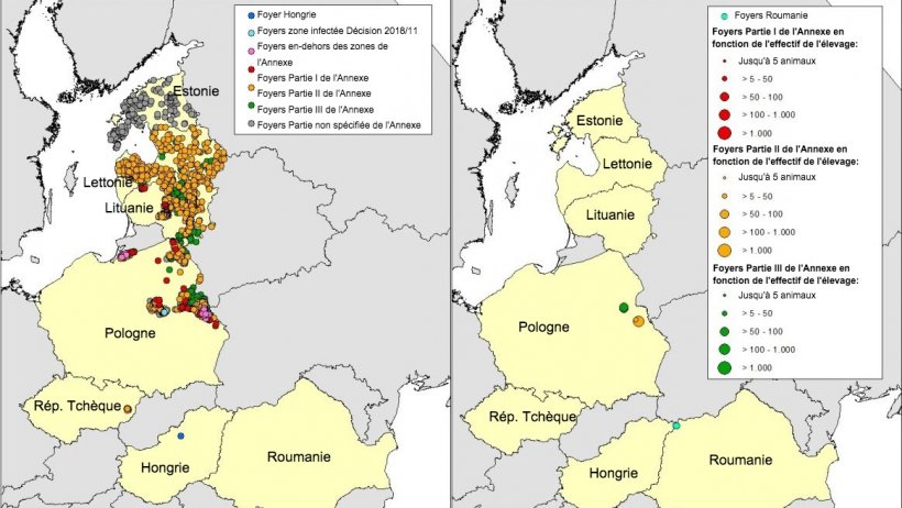 Carte des foyers de PPA chez les sangliers (&agrave; gauche) et les porcs domestiques (&agrave; droite)d&eacute;clar&eacute;s en Estonie, Lettonie, Lituanie, Pologne, R&eacute;p. Tch&egrave;que et Roumanie&nbsp;&nbsp;en 2018 (jusqu&#39;au 25 Avril 2018)(Source RASVE-ADNS)
