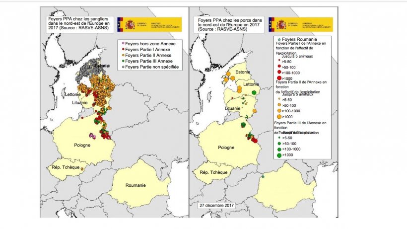 Cartes foyers d&eacute;clar&eacute;s en Estonie, Lettonie, Lituanie, Pologne, R&eacute;p. Tch&egrave;que et Roumanie en 2017 (Source RASVE-ADNS)
