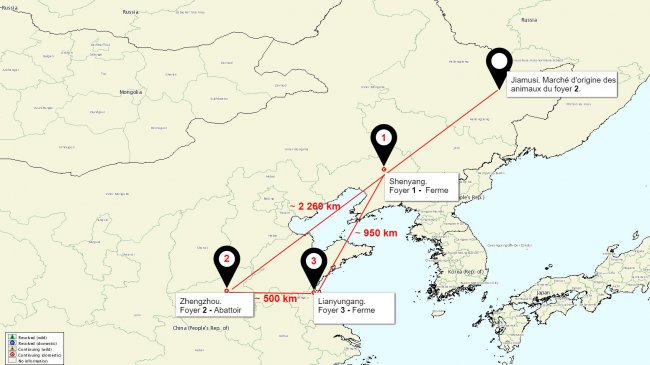 <p>Carte de la localisation des foyers de PPA en Chine</p>
