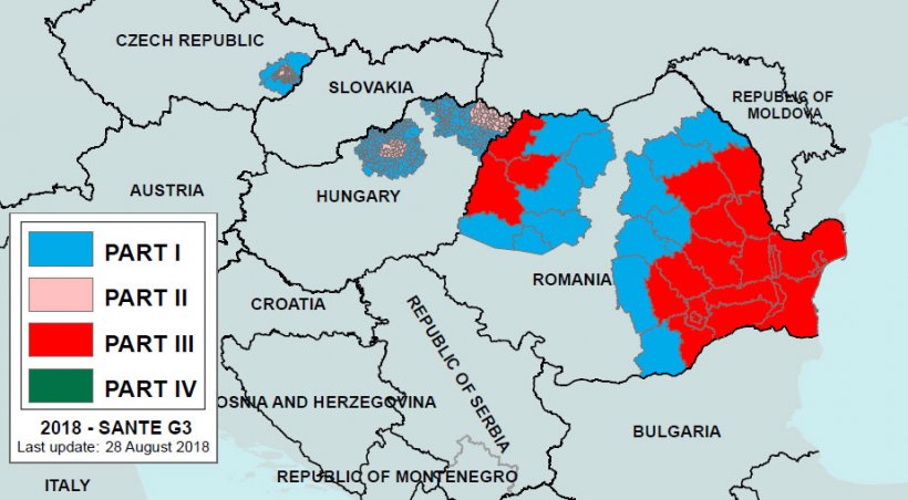Image&nbsp;2. R&eacute;gionalisation de la PPA en Roumanie et dans les pays voisins jusqu&#39;au 28 ao&ucirc;t 2018. Premi&egrave;re partie: zone &agrave; haut risque mais aucune &eacute;pid&eacute;mie. Partie III: zone avec foyers d&eacute;clar&eacute;s. Source : Commission Europ&eacute;enne.
