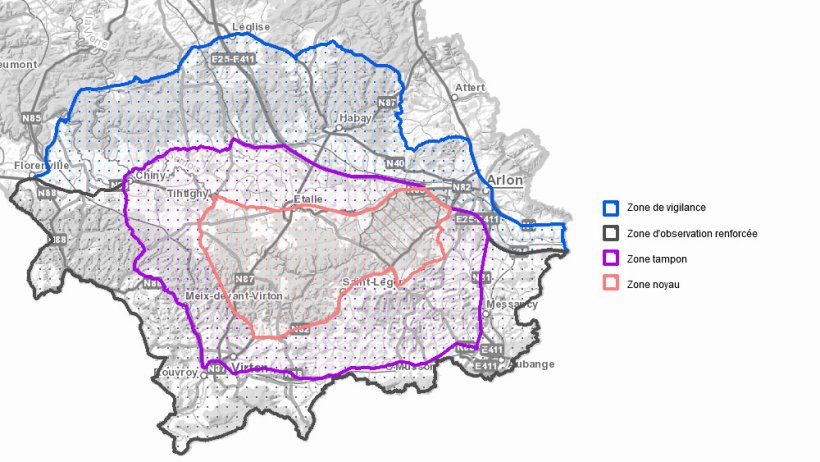 Zones portant diverses mesures temporaires de lutte contre la peste porcine africaine chez les sangliers dans la zone infectée en Région wallonne