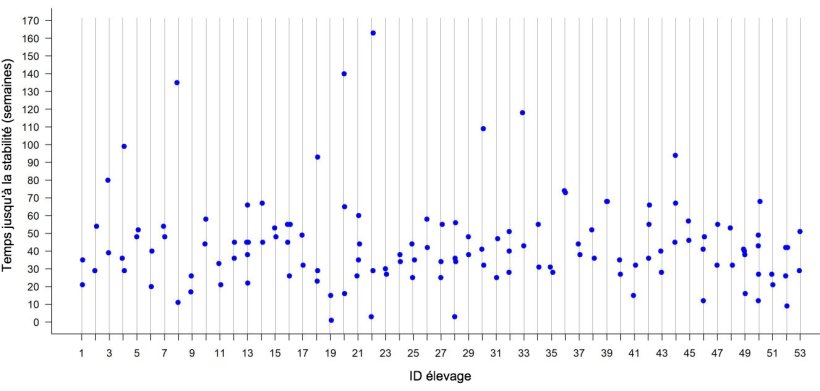 Figure 2: Temps jusqu&#39;&agrave; la stabilit&eacute; par rapport au SRRP dans chaque &eacute;levage sur 53 &eacute;levages de truies du Midwest am&eacute;ricain. Chaque point repr&eacute;sente le TTS observ&eacute; pour chaque foyer dans un &eacute;levage donn&eacute;.
