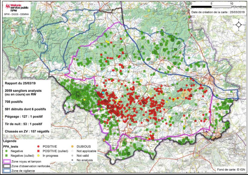 Carte de limite de zones et la localisation des sangliers pr&eacute;lev&eacute;s en date du 25 mars 2019.

