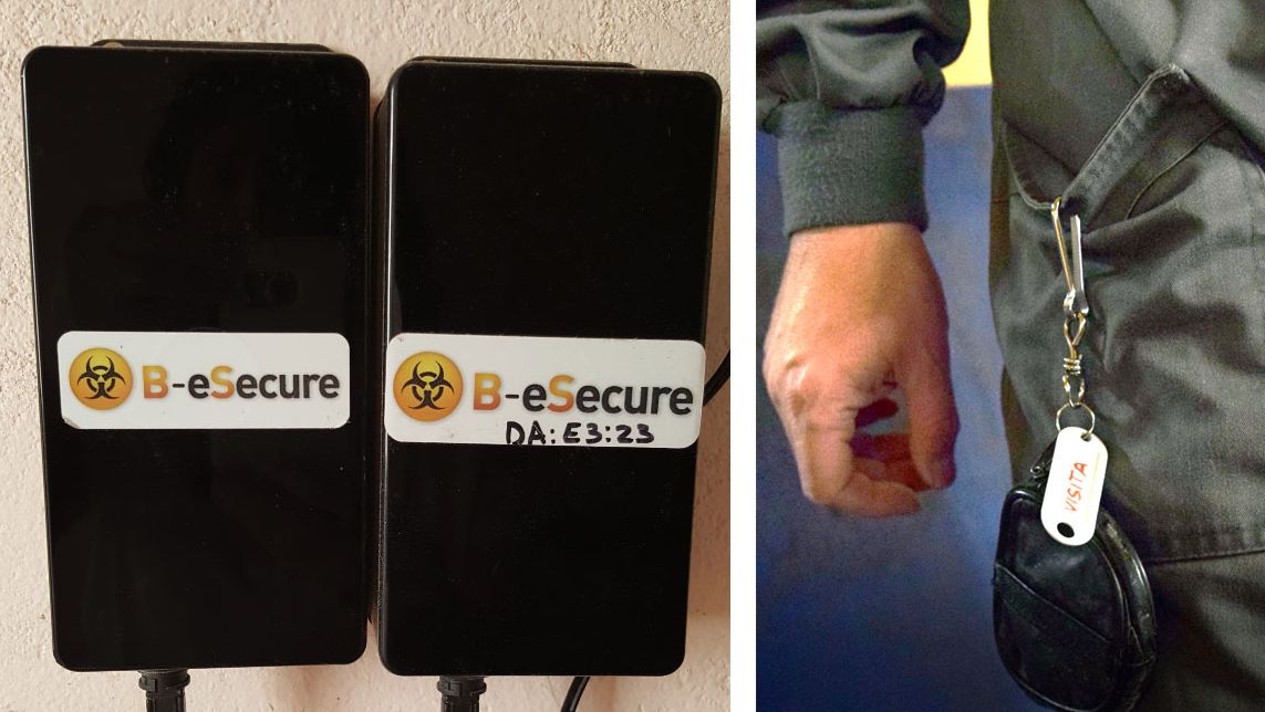 Figure 1. Des dispositifs muraux ont &eacute;t&eacute; install&eacute;s pour surveiller des pi&egrave;ces individuelles (&agrave; gauche), et les employ&eacute;s de la ferme ont utilis&eacute; les dispositifs de guidage ("balises") individuellement (&agrave; droite).
