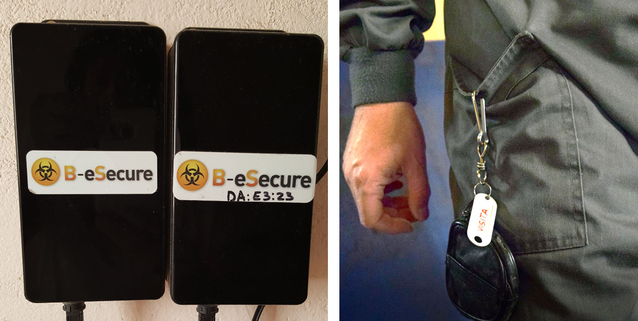 <p>Figure 1. Des dispositifs muraux ont été installés pour surveiller des pièces individuelles (à gauche), et les employés de la ferme ont utilisé les dispositifs de guidage ("balises") individuellement (à droite).</p>