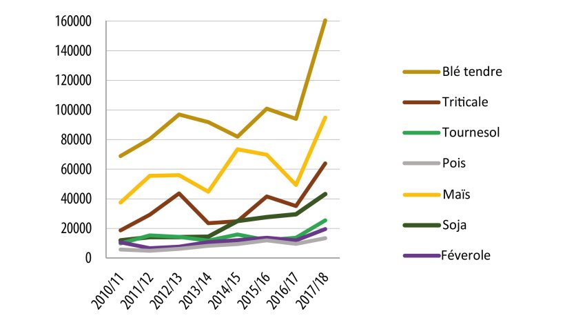 &Eacute;volution de la collecte des principales c&eacute;r&eacute;ales et ol&eacute;oprot&eacute;agineux biologiques ( en France, y compris C2 ; par campagne et en tonnes)

Source : Ifip d&#39;apr&egrave;s FranceAgriMer

