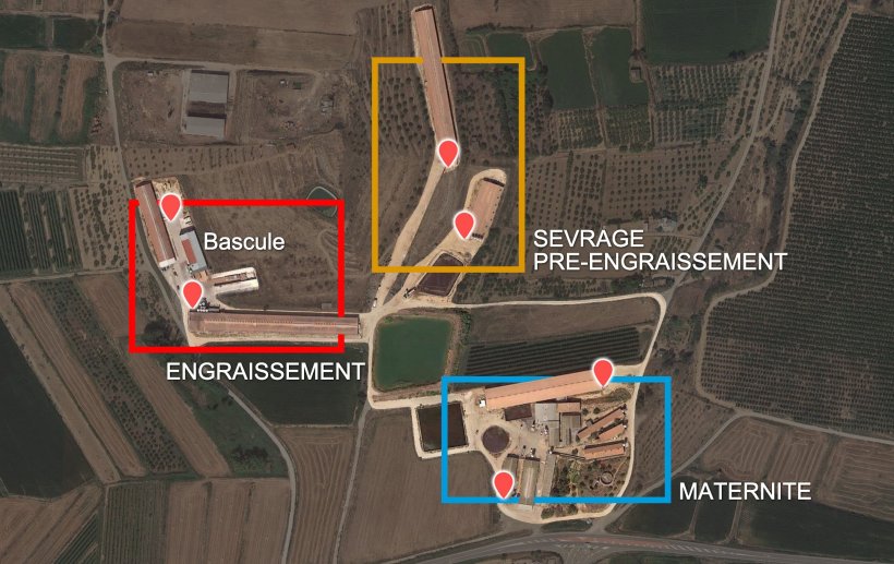 Image 2. R&eacute;partition des phases par b&acirc;timents et quais de chargement d&#39;origine (points rouges).
