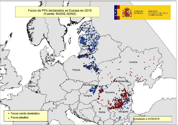 <p>Carte des foyers de PPA apparus dans l'Union Europ&eacute;enne et en Ukraine en 2019</p>
