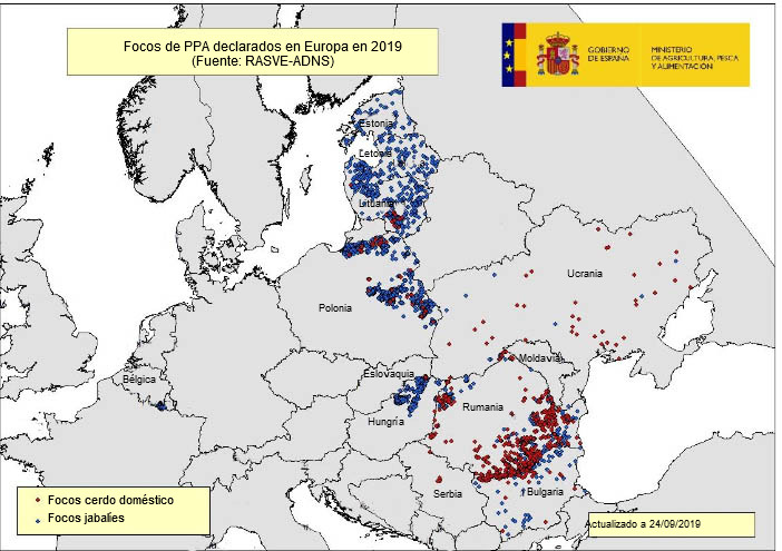 Carte des foyers de PPA apparus dans l&#39;Union Europ&eacute;enne et en Ukraine en 2019
