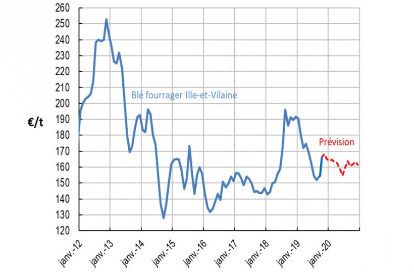 Le prix du bl&eacute; fourrager en Ille-et-Vilaine a atteint un plancher en septembre 2019. Source: IFIP
