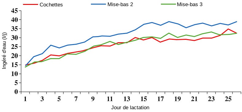 <p>Illustration 2 Evolution de la consommation d'eau pendant la lactation en fonction du rang de mise-bas. Source: S. Kruse, 2011.</p>