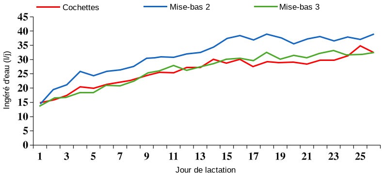Illustration 2 Evolution de la consommation d&#39;eau pendant la lactation en fonction du rang de mise-bas. Source: S. Kruse, 2011.
