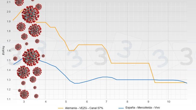 Évolution des prix du porc après la Covid (le prix de l'Allemagne est en carcasse et le prix de l'Espagne est en vif)