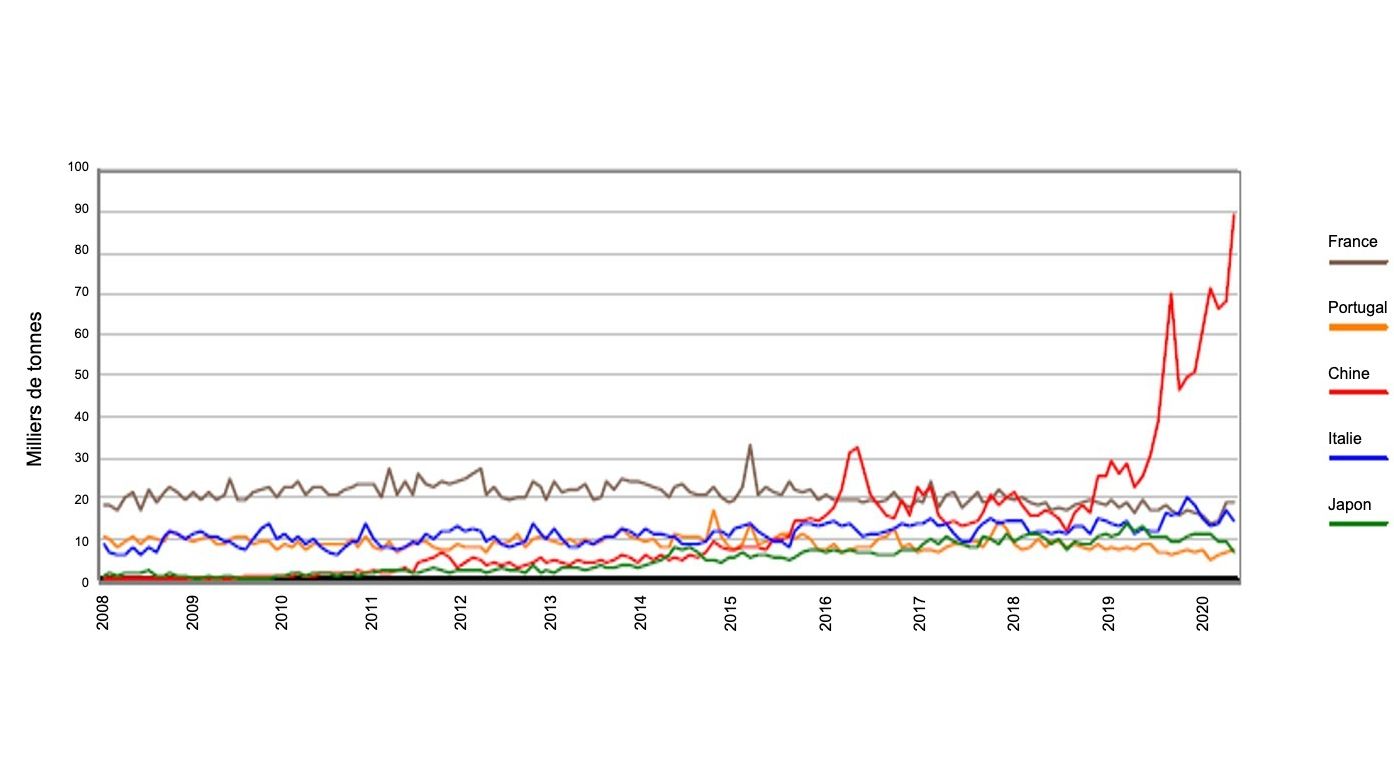 Graphique 1. Evolution mensuelle des exportations de carcasses et de pi&egrave;ces de d&eacute;coupes depuis l'Espagne vers la France, l'Italie, le Portugal, la Chine et le Japon. Source: AEAT.
