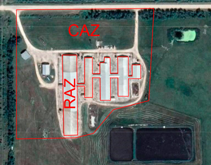 <p>Image 1. Zone d'accès restreint (RAZ) et zone d'accès contrôlé (CAZ) d'un élevage. Limites zone sale / propre dans l'élevage. https://www.cpc-ccp.com/visitor-and-farm-biosecurity</p>