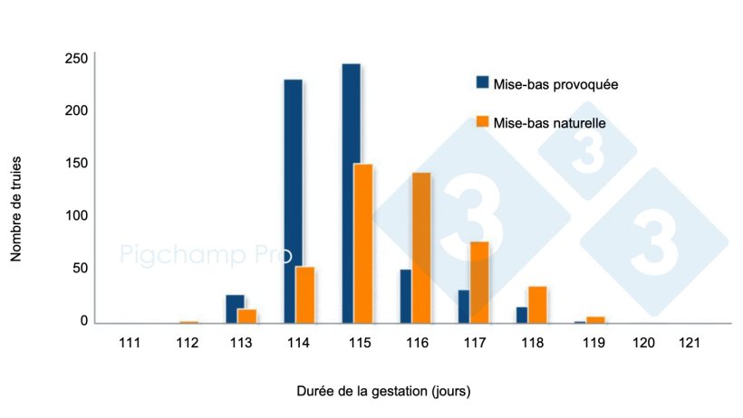 Graphique 3. Comparaison de la dur&eacute;e de gestation entre mise-bas provoqu&eacute;e &agrave; 114 jours et mise-bas naturelle dans un &eacute;levage sp&eacute;cifique (Les truies nous demandent-elles 3 trois 4 ? 2/2).
