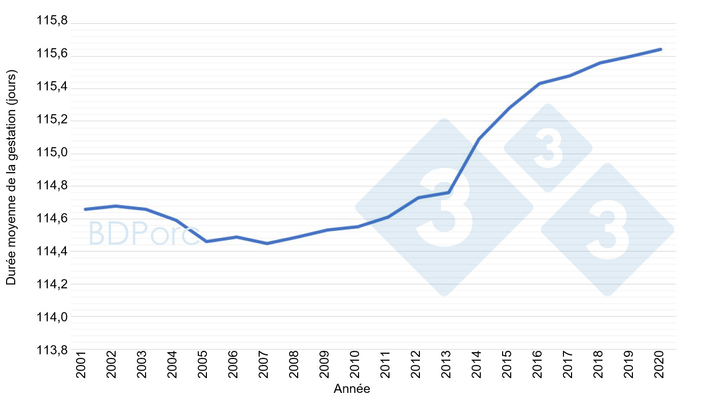 <p>Graphique 2. Durée moyenne de gestation des truies en Espagne de 2001 à 2020. Source : BDPorc.</p>