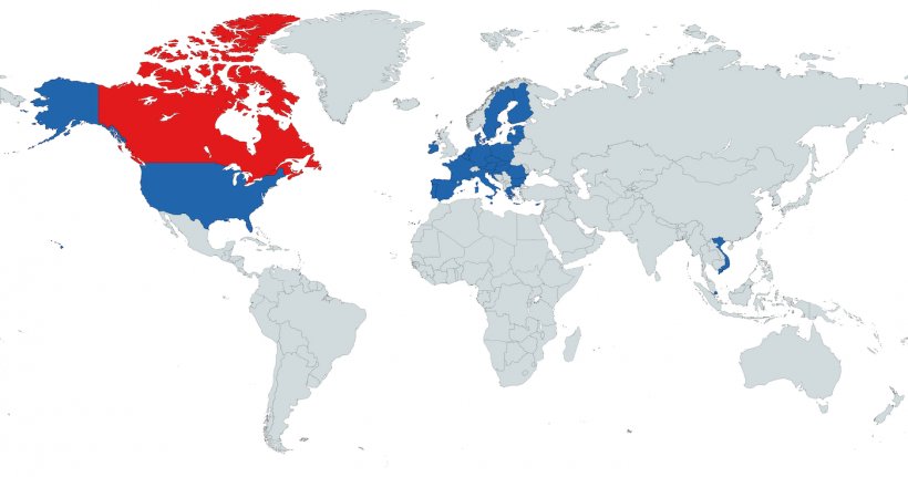 Figure 1. Pays avec lesquels le Canada a des accords de zonage pour la PPA (Vietnam, Singapour, l&#39;Union Europ&eacute;enne et les &Eacute;tats-Unis).
