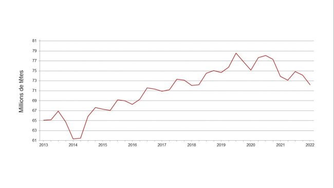 Effectifs porcins trimestriels des États-Unis - 1er mars. Source : USDA.