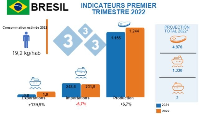 Sources : IBGE - COMEX STAT - USDA - * Projection de production totale 2022 Luri Pinheiro Machado. Variations % par rapport à la même période en 2021. Chiffres en milliers de tonnes.
