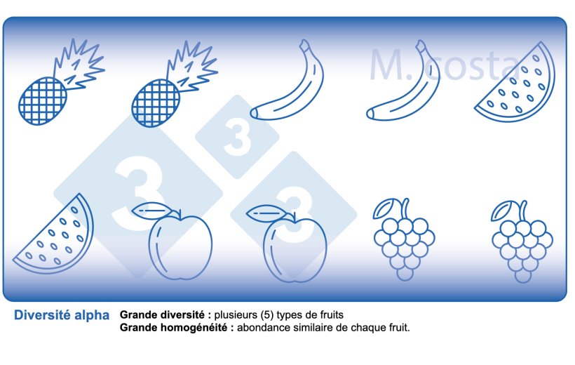 Figure 2. Comment interpr&eacute;ter les mesures de diversit&eacute; microbienne des &eacute;chantillons (diversit&eacute; alpha). La vari&eacute;t&eacute; est un param&egrave;tre de diversit&eacute; (par exemple, les types de fruits) et d&#39;homog&eacute;n&eacute;it&eacute; (par exemple, la distribution ou l&#39;abondance de chaque type de fruit) dans un &eacute;chantillon donn&eacute;.
