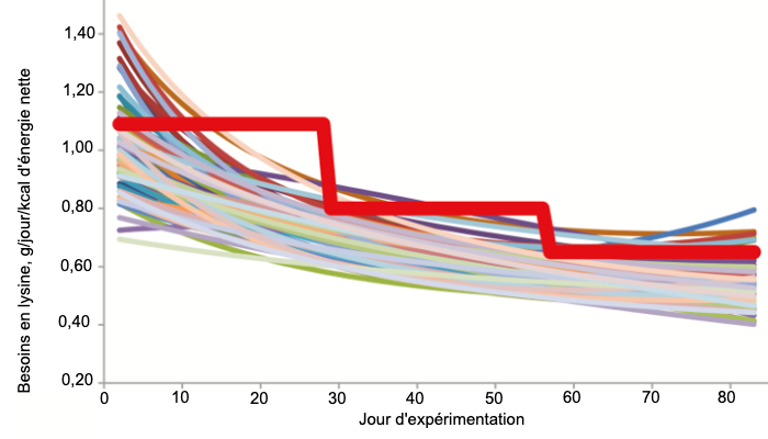 Figure 1. Besoins individuels estim&eacute;s en lysine digestible il&eacute;ale des porcs (lignes fines color&eacute;es) et niveaux minimaux de lysine digestible il&eacute;ale que les porcs nourris dans un syst&egrave;me conventionnel d&#39;alimentation en groupe &agrave; trois &eacute;tapes devraient recevoir (ligne rouge grasse) selon Hauschild et al. (2010).
