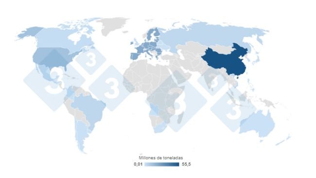 Carte 1. Concentration de la production mondiale de viande de porc estimée pour 2023. Préparée par le Service Economie et Intelligence des Marchés à partir de données du Ministère de l'Agriculture des Etats-Unis (USDA).