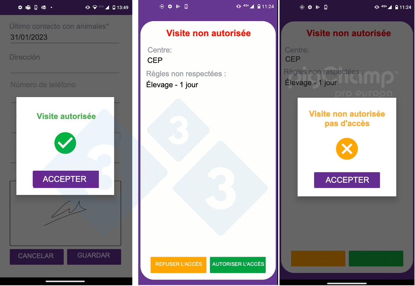 <p>Photo 1 : Exemples de visite acceptée (à gauche), d'alerte de visite non autorisée (au centre) et de rejet de visite non autorisée (à droite).</p>