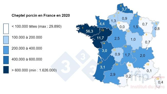 Localisation du cheptel porcin en France en 2020.
1 Bretagne, 2 Basse-Normandie, 3 Haute-Normandie, 4 Picardie, 5 Nord-Pas-de-Calais, 6 Champagne-Ardenne, 7 Lorraine, 8 Alsace, 9 Franche-Comté, 10 Bourgogne, 11 IDF, 12 Centre, 13 Pays de la Loire, 14 Poitou-Charentes, 15 Limousin, 16 Auvergne, 17 Rhône-Alpes, 18 PACA, 19 Languedoc-Roussillon, 20 Midi-Pyrénées, 21 Aquitaine.