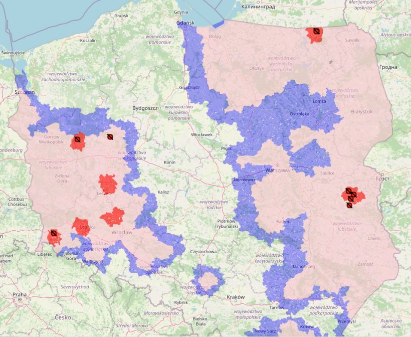 Carte des foyers de PPA en Pologne et zonage actuel
