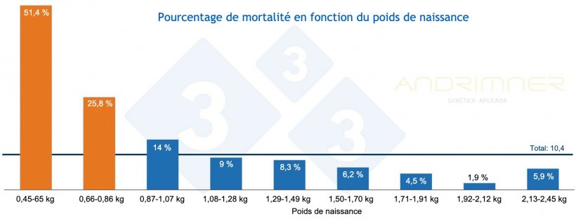 Graphique 3. Pourcentage de mortalit&eacute; en fonction du poids de naissance. Source : Javier Lorente. Elevage commercial, 3483 porcelets pes&eacute;s individuellement . 2021.
