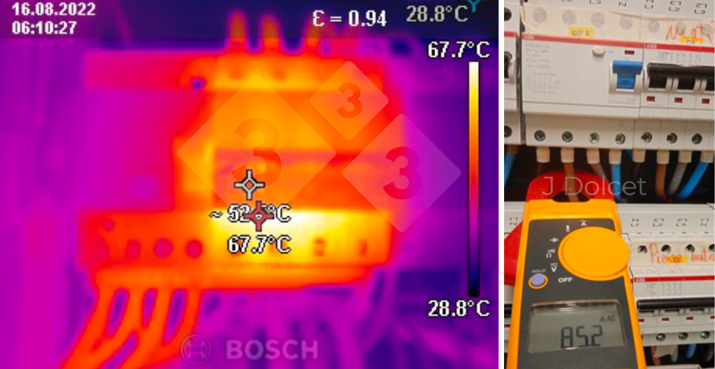 <p>Photos 2 : D&eacute;tection d'un d&eacute;faut &eacute;ventuel par thermographie (&agrave; gauche) et avec le testeur bien connu (&agrave; droite).</p>
