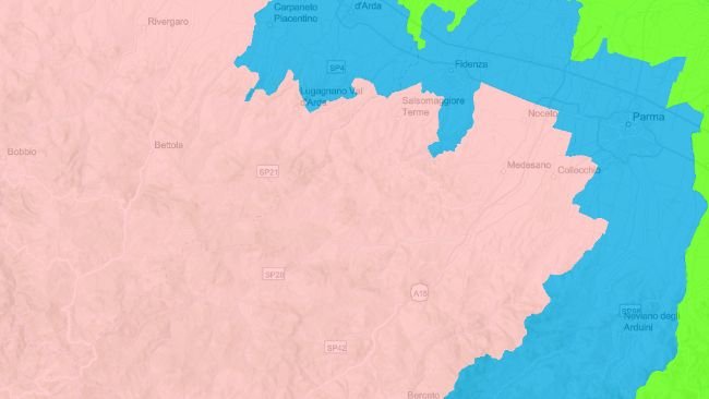 Zones réglementées I (bleu) et II (rose) dans la province de Parme et ses environs, au 29 avril 2024. Source : DG-Agri.