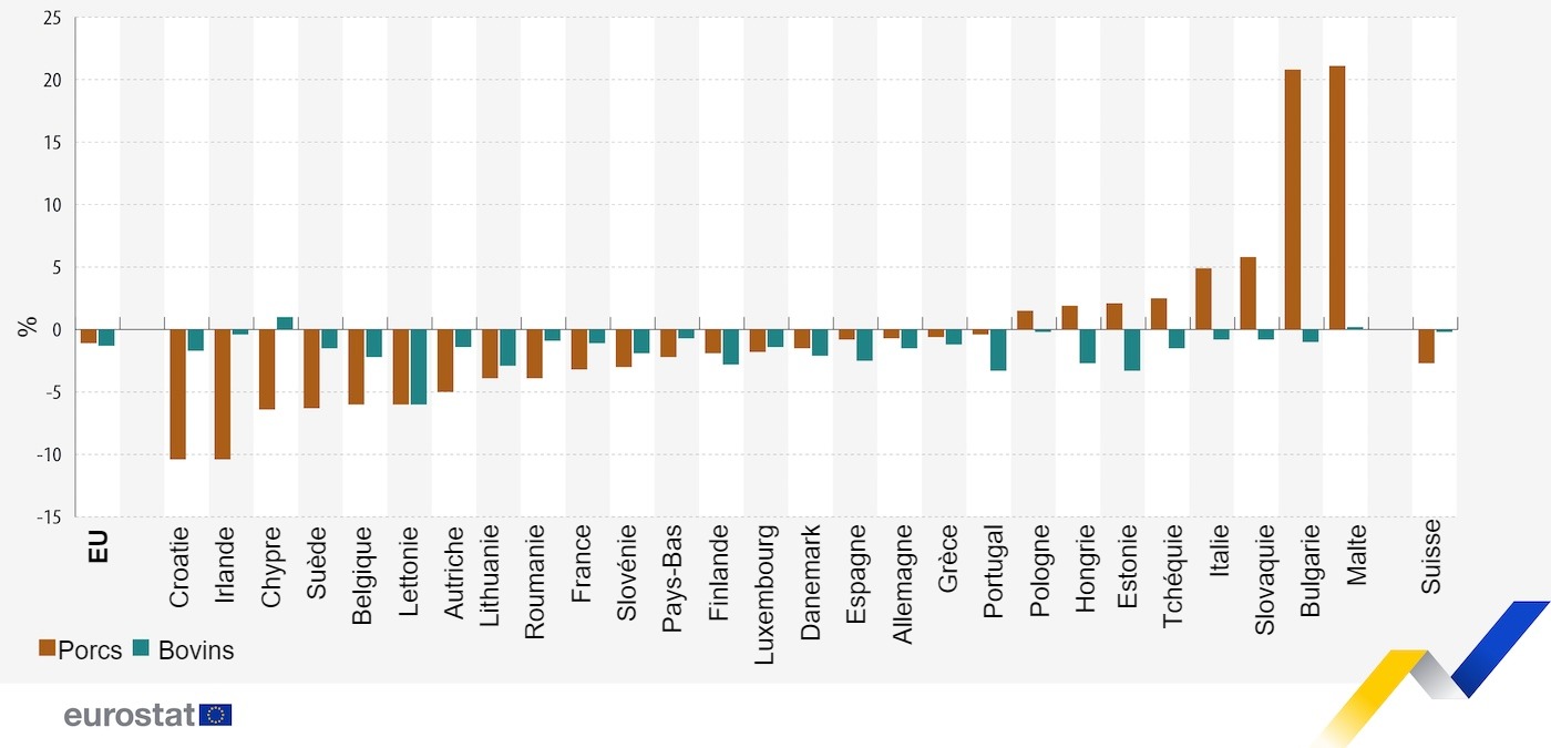 <p>&Eacute;volution des effectifs de porcs et de bovins, d&eacute;cembre 2023 par rapport &agrave; d&eacute;cembre 2022. Source : Eurostat.</p>
