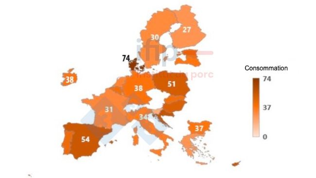Etat de la consommation apparente du porc en 2023 dans l&rsquo;UE &agrave; 27.&nbsp;Source: Ifip d&rsquo;apr&egrave;s donn&eacute;es JRC.
