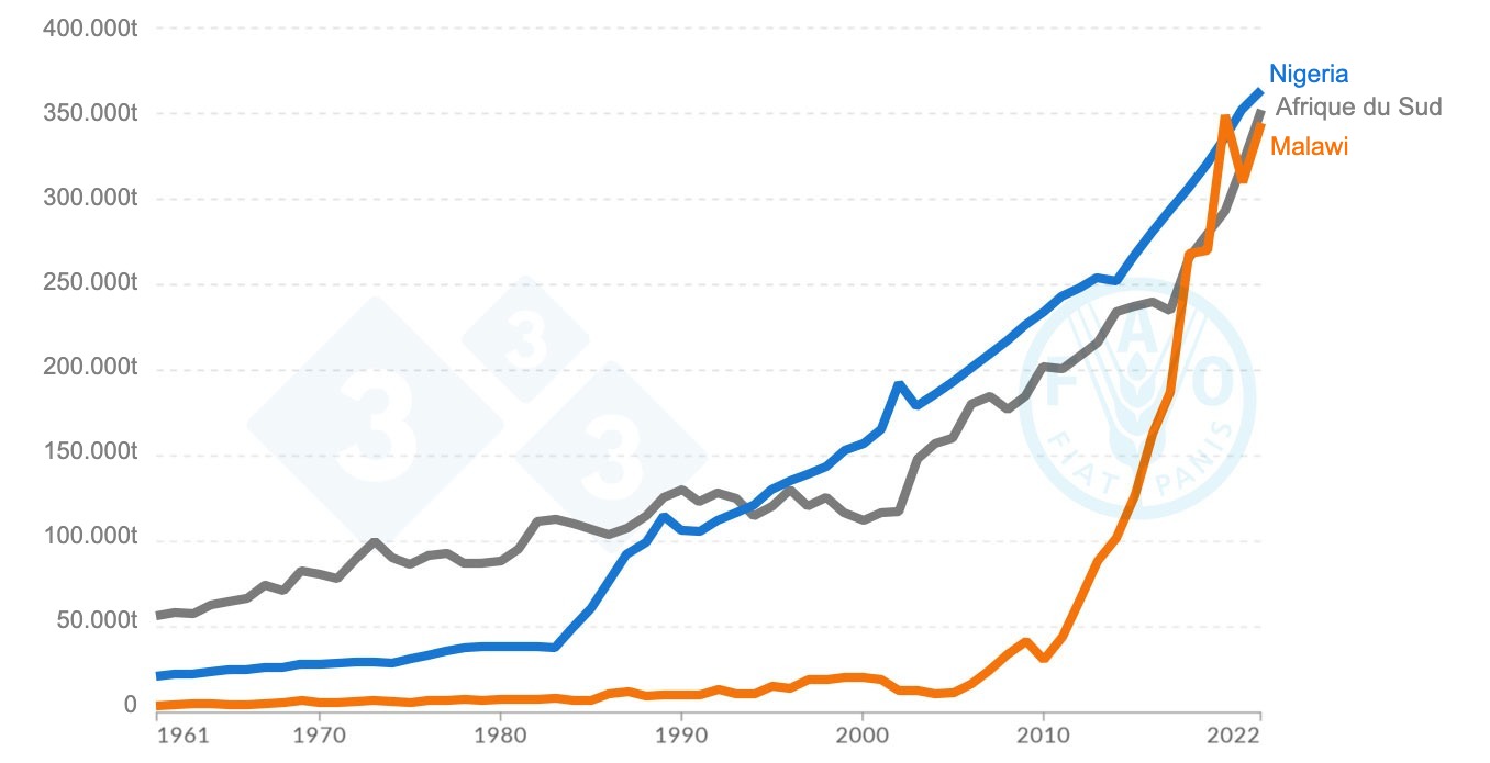 <p>Graphique de la production de viande de porc montrant la tendance à la croissance au Nigeria, au Malawi et en Afrique du Sud de 1961 à 2022. Source : Organisation des Nations unies pour l'alimentation et l'agriculture (2023)</p>