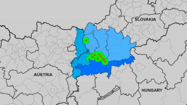 Zones de protection et de surveillance, ainsi que zone réglementée supplémentaire selon le document PLAN/FMD08 REV1/2025 2025-SANTE G2. Dernière mise à jour : 02/04/2025. Source : CE.