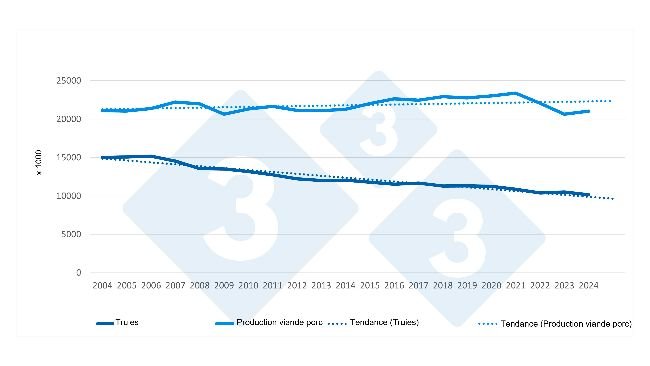 Évolution du cheptel de truies et de la production de viande dans l’UE (2004-2024). Source : 333 d’après les données d’Eurostat.