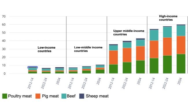 Consommation de viande par habitant selon le groupe de revenu et le type de viande. Kilogrammes/personne/an (équivalent en poids de détail). Source : OCDE/FAO (2025), Perspectives agricoles OCDE-FAO, statistiques agricoles de l’OCDE (base de données), http://data-explorer/oecd.org/s/1hc.