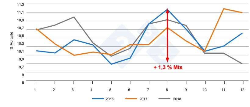 Figure 2. &Eacute;volution de la mortalit&eacute; chez les porcelets au fil des mois. Source : PigChamp Pro Europe
