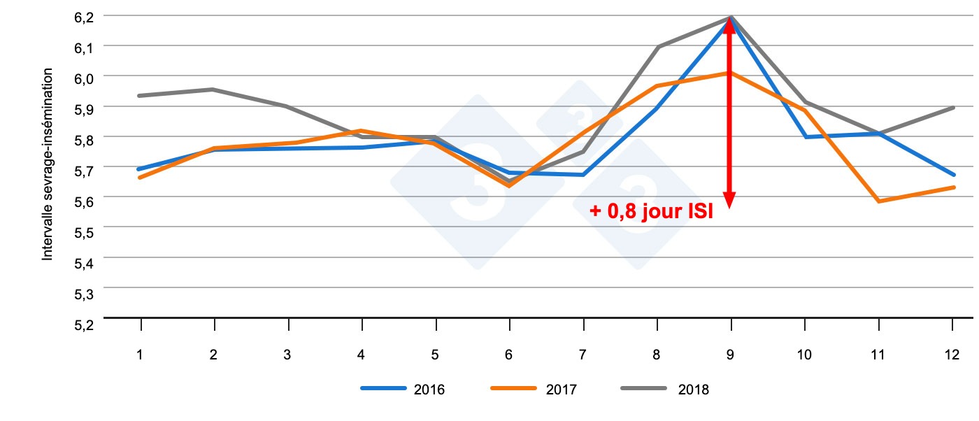 <p>Figure 1. Intervalle entre le sevrage et l’insémination en fonction du mois de l'année. Source : PigChamp Pro Europa</p>