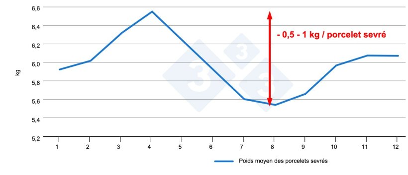 Figure 3. Poids des porcelets au sevrage en fonction du mois de l&#39;ann&eacute;e (donn&eacute;es internes).
