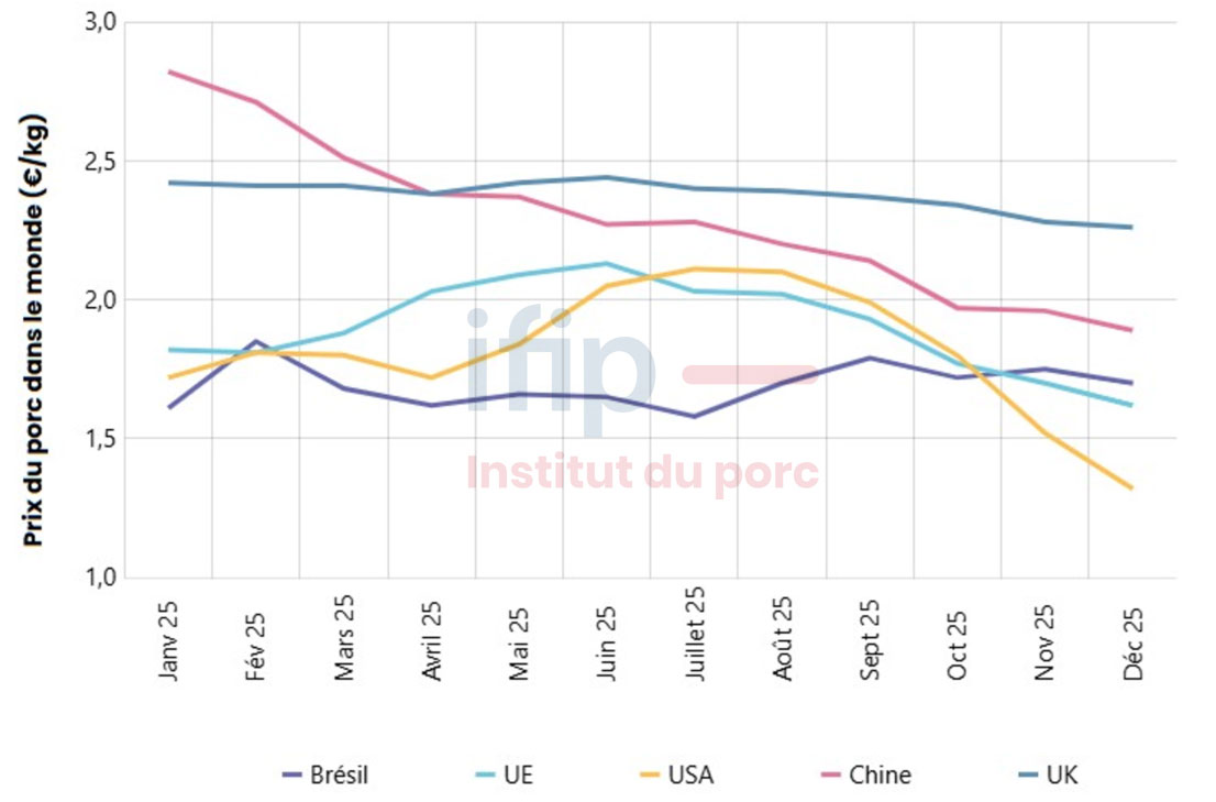 UE-27 : moy. pondereé des 27 pays USA : Calcul Ifip d'après prix marché Iowa Brésil : Calcul Ifip d'après prix intégration Sindicarne Chine : Calcul Ifip d'après prix Ministèrie Agricole chinois.