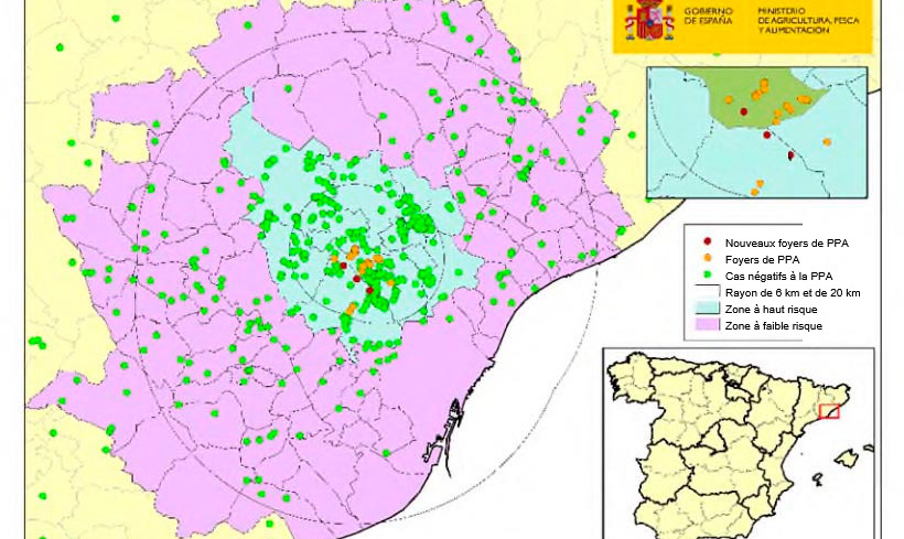 Localización de los 23 focos en jabalíes silvestres y de los jabalíes capturados o hallados muertos negativos detectados en Cataluña (Fuente: MAPA).