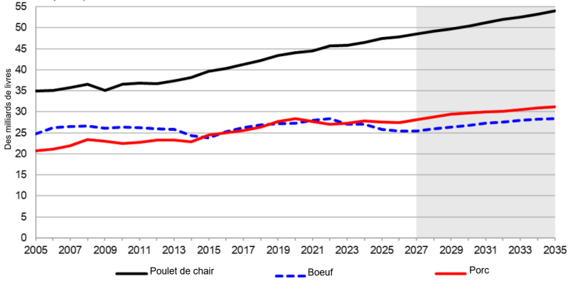 Production des aliments d'origine animale aux États-Unis, 2005-2035. Source : USDA.