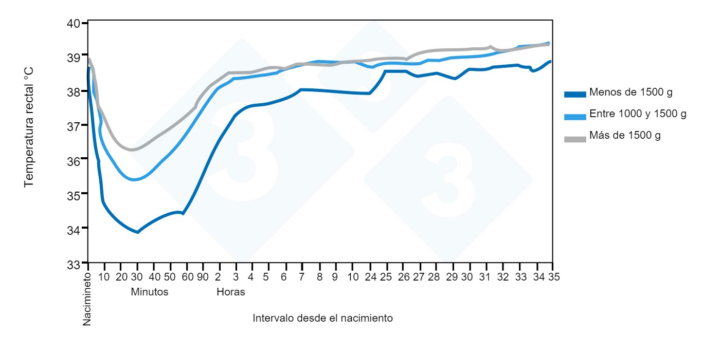 <p>Tendencias de la temperatura rectal desde el nacimiento hasta las 35 horas de vida en relaci&oacute;n con el grupo de peso al nacer. Fuente: Pattison, English, MacPherson y Birnie 1989.</p>

